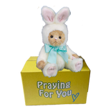 Babee Bunny Bear stuffed animal in a furry white costume sitting on a yellow box ready to be sent as a care package.  send a PRAYER : sendaprayernow.com Babee Bunny Bear stuffed animal in a furry white costume sitting on a yellow box ready to be sent as a care package.  send a PRAYER : sendaprayernow.com