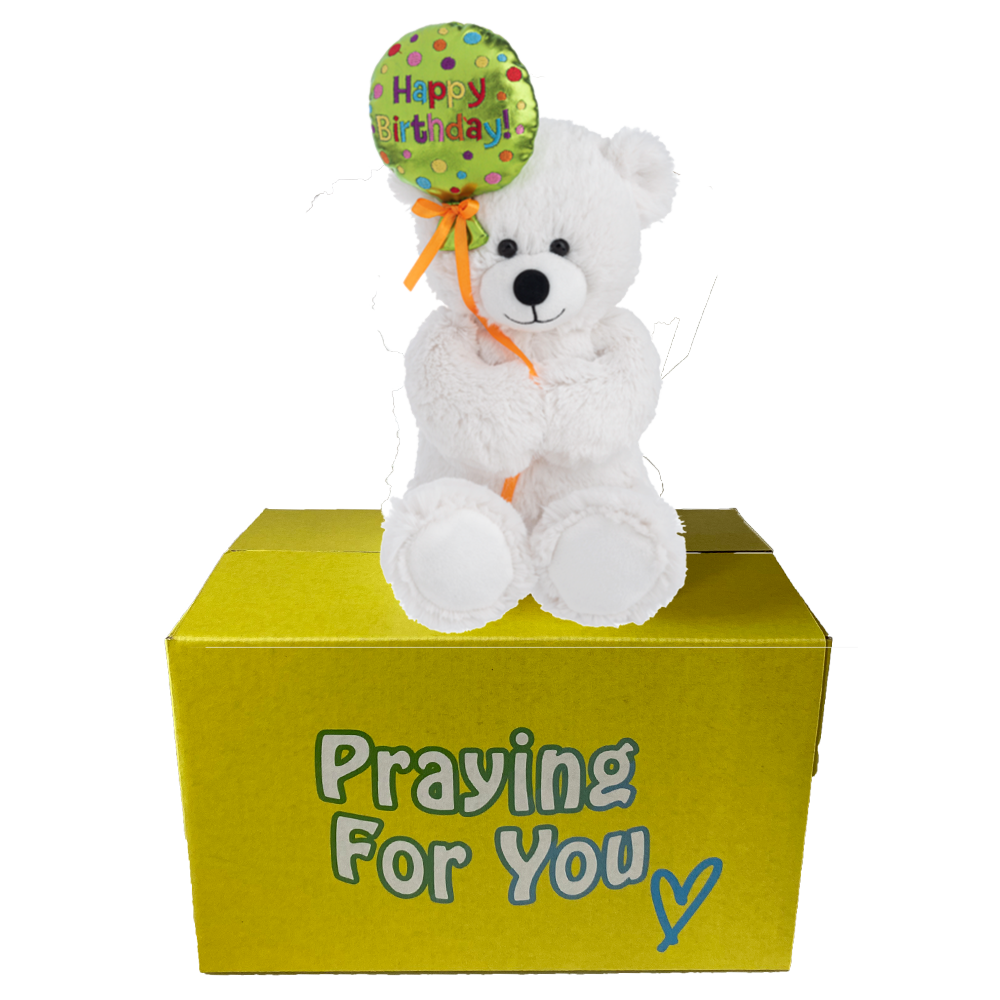 white happy birthday  teddy bear with balloon in hand sitting on yellow box : send a PRAYER