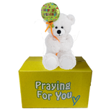 white happy birthday  teddy bear with balloon in hand sitting on yellow box : send a PRAYER white happy birthday  teddy bear with balloon in hand sitting on yellow box : send a PRAYER