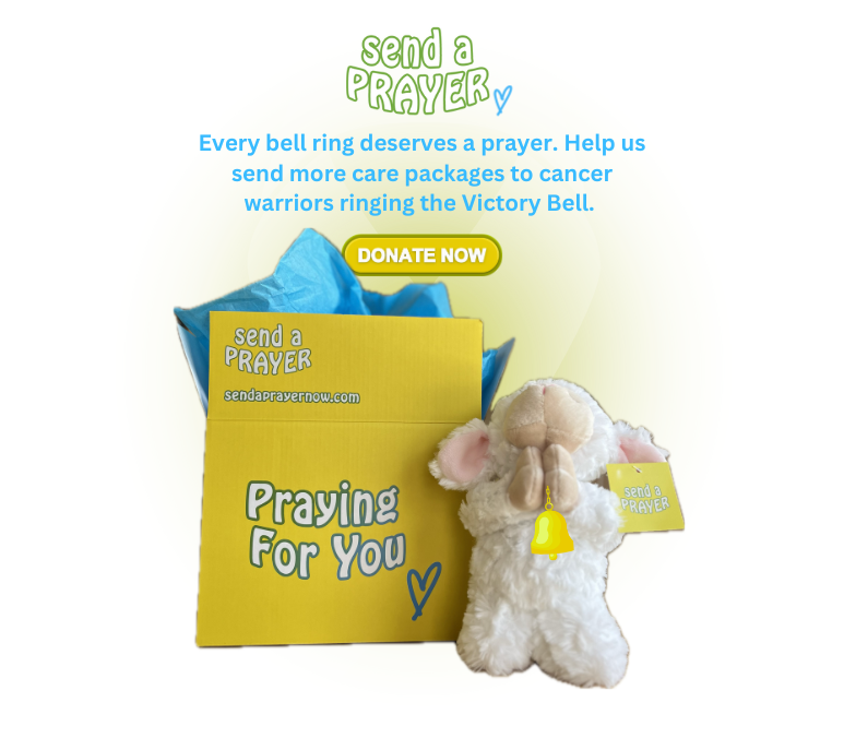 Care package with white plush lamb and yellow card, featuring text to donate prayers care packages for cancer survivors. sendaprayer Victory Bell moments.  Care package with white plush lamb and yellow card, featuring text to donate prayers care packages for cancer survivors. sendaprayer Victory Bell moments.