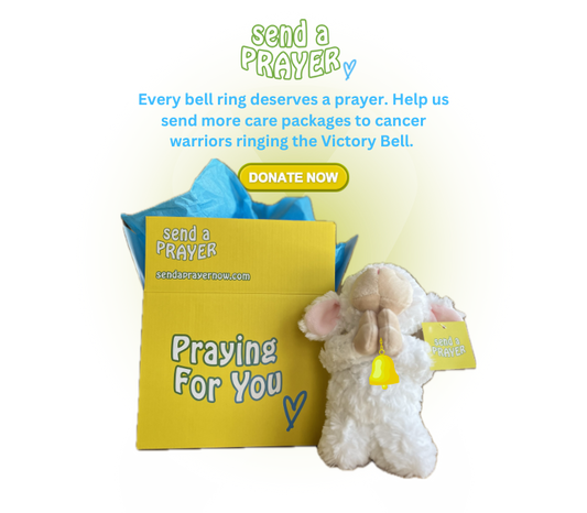 Care package with white plush lamb and yellow card, featuring text to donate prayers care packages for cancer survivors. sendaprayer Victory Bell moments.