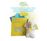 Care package with white plush lamb and yellow card, featuring text to donate prayers care packages for cancer survivors. sendaprayer Victory Bell moments.  Care package with white plush lamb and yellow card, featuring text to donate prayers care packages for cancer survivors. sendaprayer Victory Bell moments.