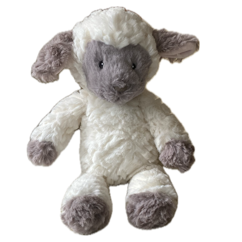Plush toy sheep with white fleece and gray wool. Lingo the Little Lamb 9-inch – baby-safe faith gift. sendaprayernow.com Plush toy sheep with white fleece and gray wool. Lingo the Little Lamb 9-inch – baby-safe faith gift. sendaprayernow.com
