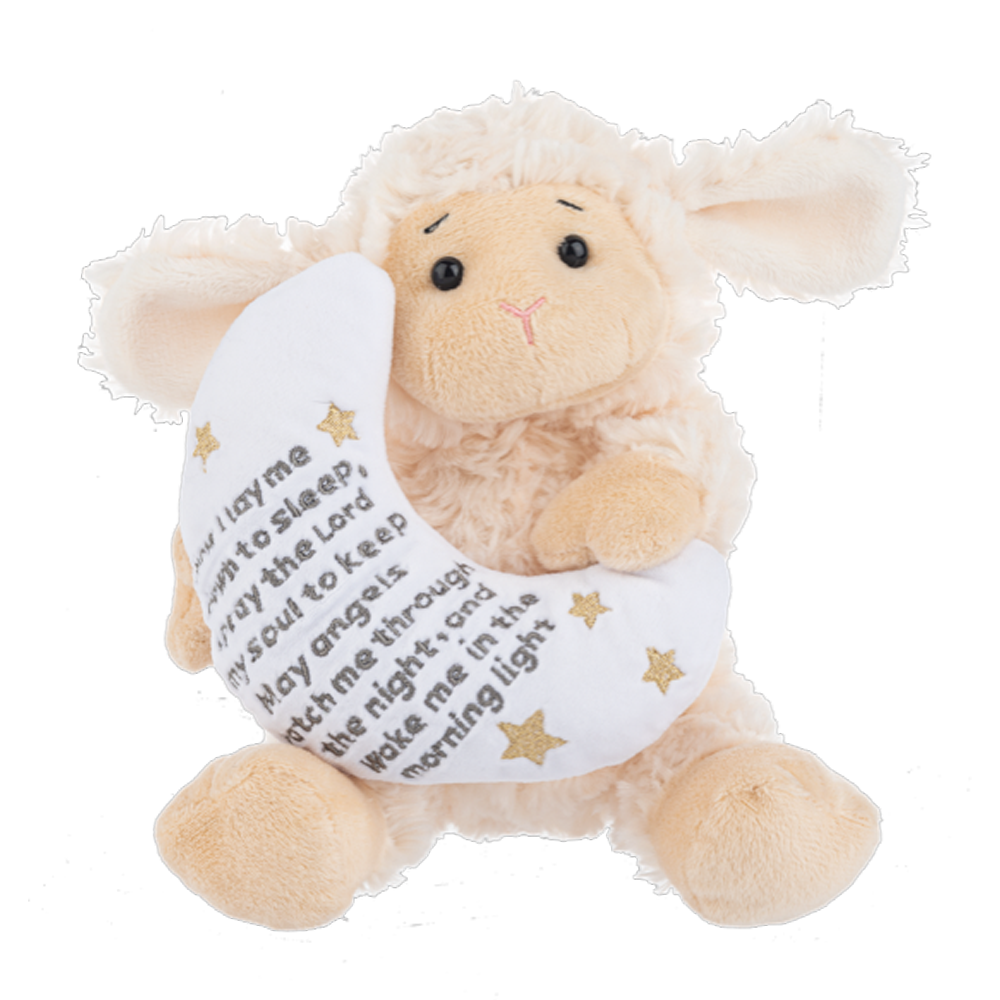 Lodi the Bedtime Prayer Lamb plush toy holding moon with embroidered prayer. semdaprayernow Lodi the Bedtime Prayer Lamb plush toy holding moon with embroidered prayer. semdaprayernow