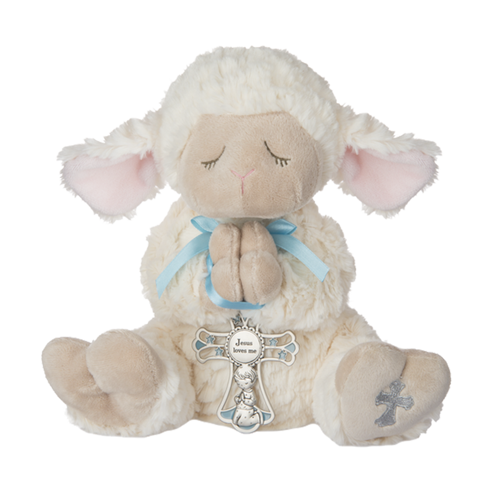 Obi serenity lamb stuffed animal with a blue ribbon and cross wrapped around his praying hands ready to be sent as a care package. send a PRAYER : sendaprayernow.com Obi serenity lamb stuffed animal with a blue ribbon and cross wrapped around his praying hands ready to be sent as a care package. send a PRAYER : sendaprayernow.com