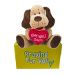 Baxter Prayer Companion plush dog holding embroidered "Get Well Soon" heart sitting on yellow "praying for you" box
