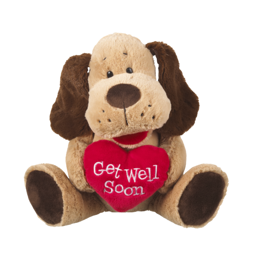 Baxter Prayer Companion plush dog holding embroidered "Get Well Soon" heart 
