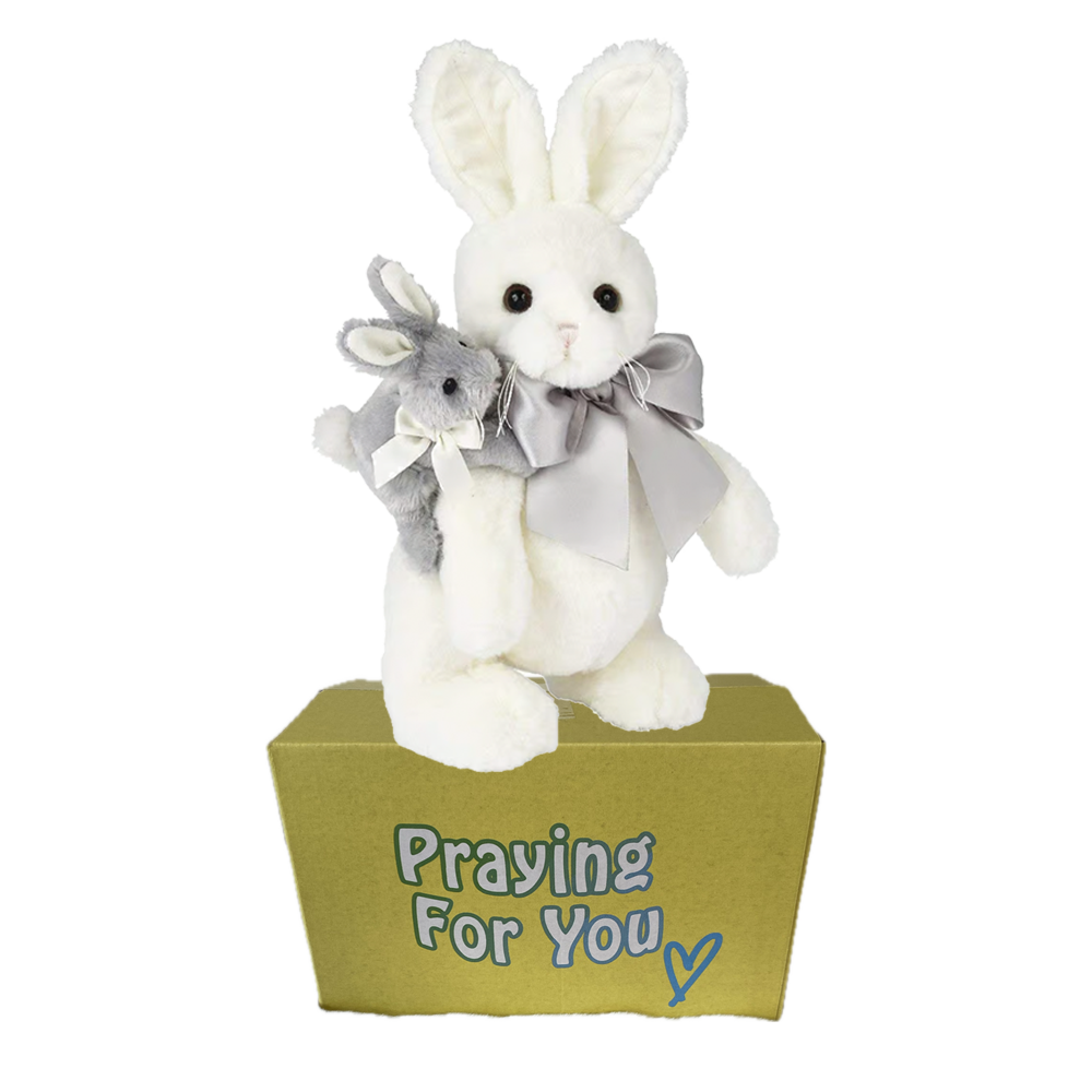 White and gray bunny rabbits stuffed animal standing on a yellow box ready to be sent as a care package. send a PRAYER : sendaprayernow.com