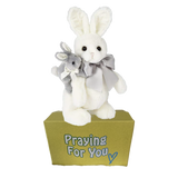 White and gray bunny rabbits stuffed animal standing on a yellow box ready to be sent as a care package. send a PRAYER : sendaprayernow.com