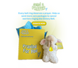 Care package with white plush lamb and yellow card, featuring text to donate prayers care packages for cancer survivors. sendaprayer Victory Bell moments. 