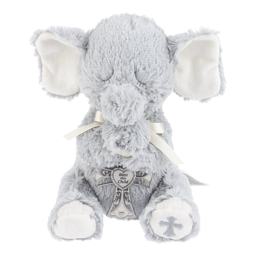 Enzo gray plush elephant toy with a heart and cross. Christian baby keepsake at sendaprayer.co