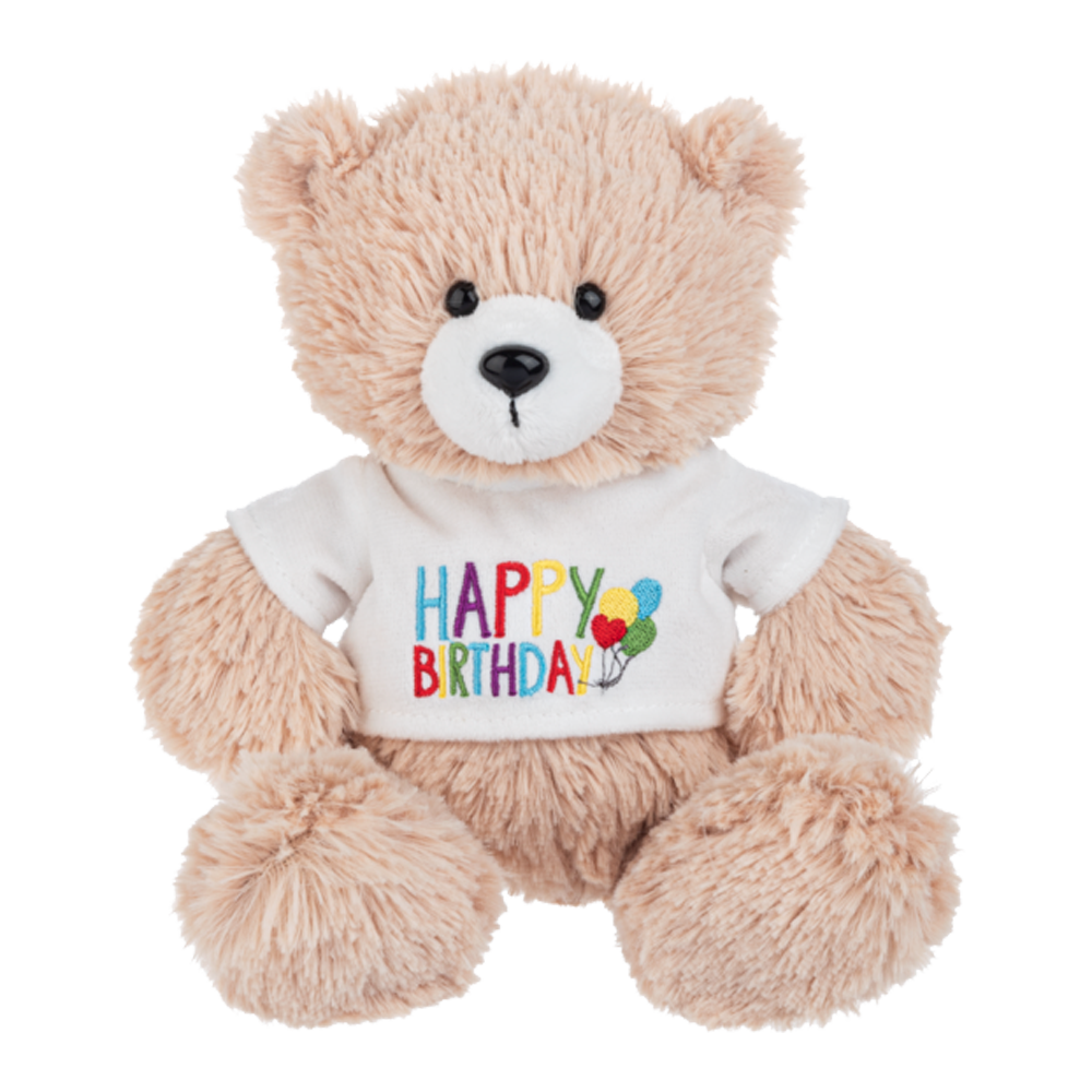 tan teddy bear wearing happy birthday t-shirt: send a PRAYER