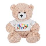 tan teddy bear wearing happy birthday t-shirt: send a PRAYER