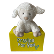 White plush lamb toy on a yellow box with 'Praying For You' text. sendaprayer.co care package