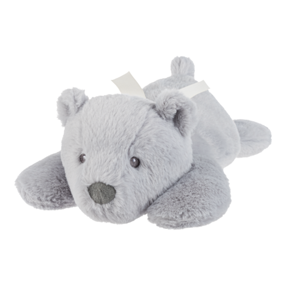 grey lazy bear with white ribbon laying down: send a PRAYER