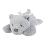 grey lazy bear with white ribbon laying down: send a PRAYER
