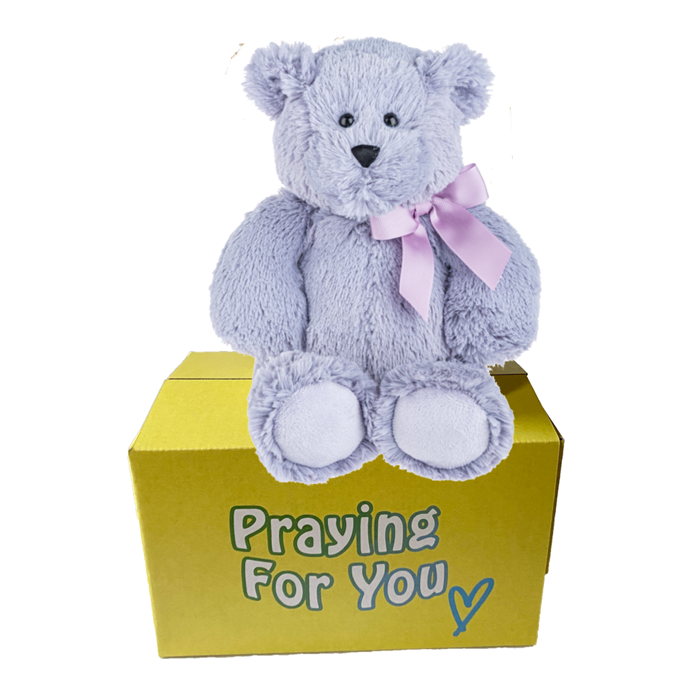 purple bear with matching ribbon tied in a bow sitting on a yellow box- send a prayer - send a plushie