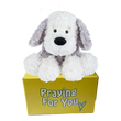 Rumi send a PRAYER stuffed animal sitting on a yellow box